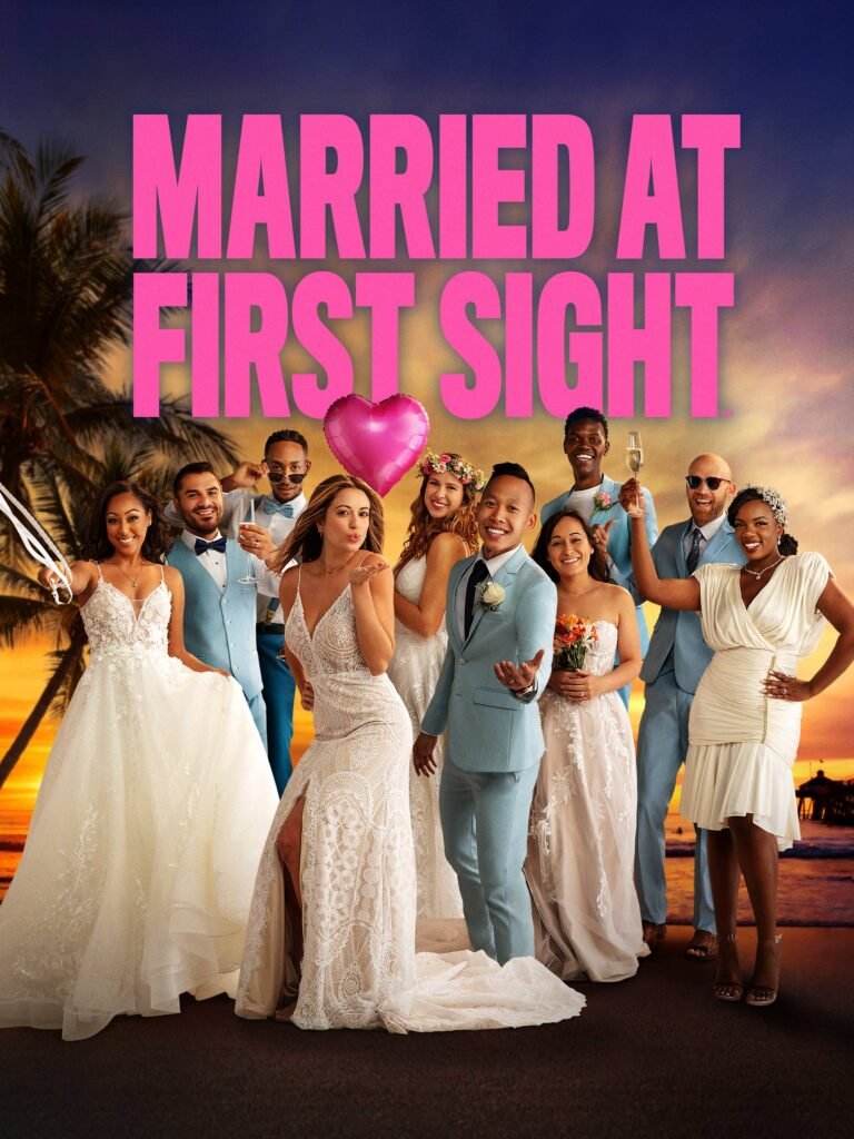 Cast of married at first sight audition standing at stage witgh logo