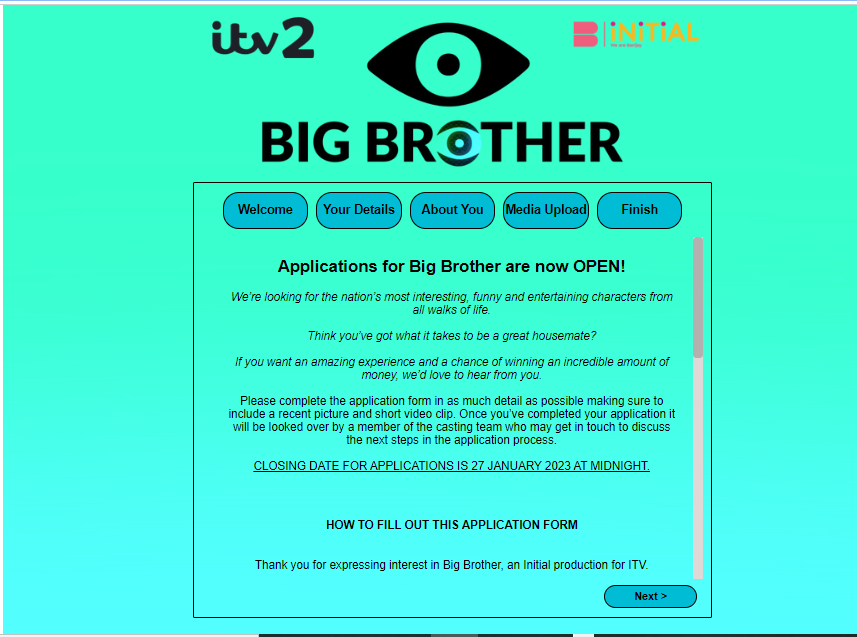Online application form for Big Brother UK Audition 2023