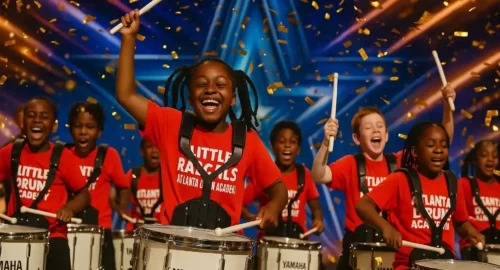 Here are a few options for alt text for the featured image, keeping Google Discover guidelines and accessibility in mind: Alt Text Options: "The Atlanta Drum Academy's 'Little Rascals' youth drumline beaming with joy on the America's Got Talent stage, covered in golden confetti after receiving the golden buzzer.