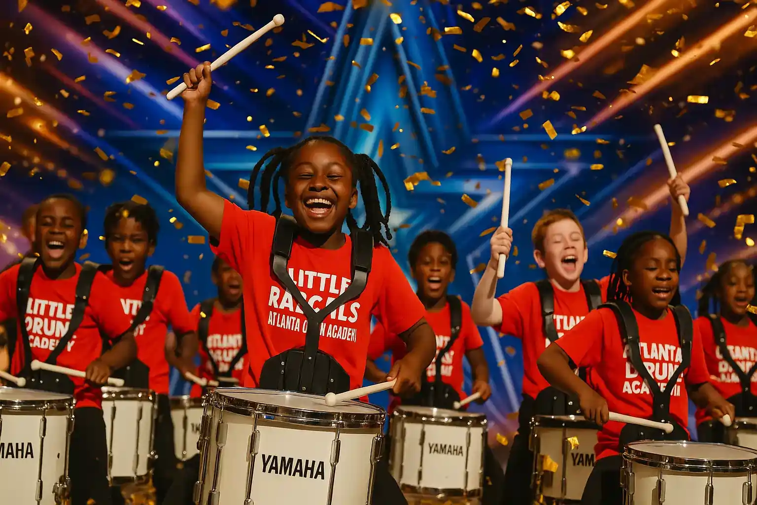 Here are a few options for alt text for the featured image, keeping Google Discover guidelines and accessibility in mind: Alt Text Options: "The Atlanta Drum Academy's 'Little Rascals' youth drumline beaming with joy on the America's Got Talent stage, covered in golden confetti after receiving the golden buzzer.