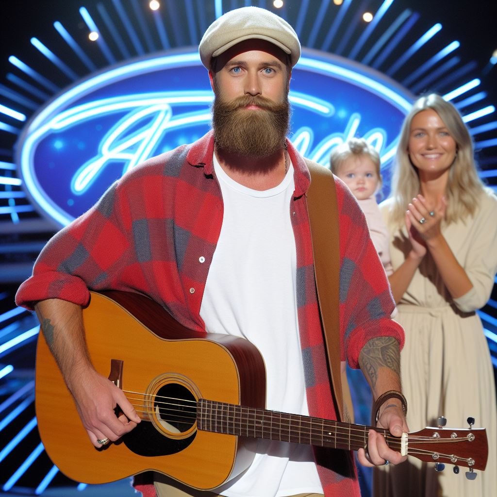 Dylan Wright entering on Stage of Australian Idol with his guitar and his daughter