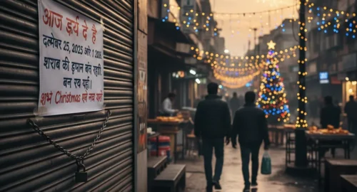 High-resolution news-style image of a closed Indian liquor store with a metal shutter and a "Dry Day" sign. The background shows a festive Indian street at evening with a Christmas tree, fairy lights, and holiday fireworks.