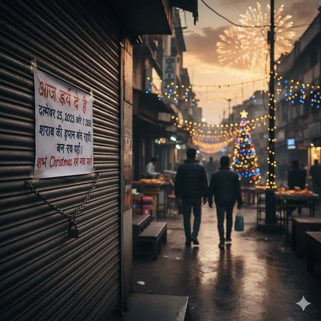 High-resolution news-style image of a closed Indian liquor store with a metal shutter and a "Dry Day" sign. The background shows a festive Indian street at evening with a Christmas tree, fairy lights, and holiday fireworks.